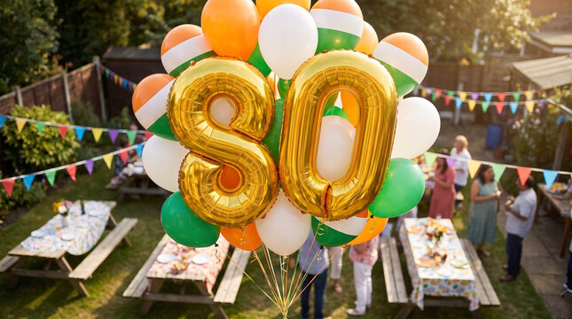 Large metallic gold eighty balloons floating above a joyous outdoor garden party with festive bunting decorations
