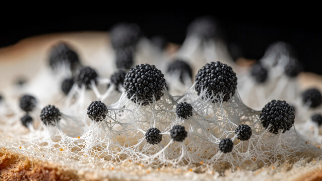 Microscopic view of black bread mold mycelium and sporangia growing on bread crust

