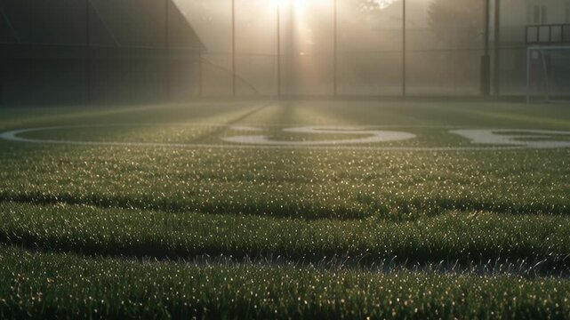 Sunrise illuminates dew-kissed green stadium grass of a soccer football field.