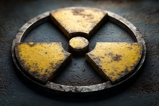 Old rusted radioactive warning symbol on worn metal surface with yellow and black colors