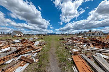 Fototapeta premium Ruined suburban neighborhood with scattered debris and stormy sky, environmental destruction and damage scene
