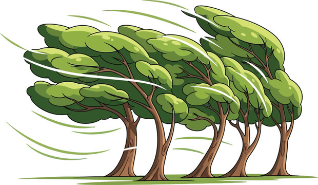 Cartoon illustration of trees swaying in the wind with green leaves and brown trunks on a white background with blue shadows
