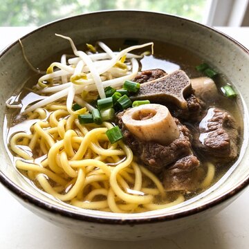 Indonesian Beef Rib Noodle Soup Mie Sop Buntut Served with Bean Sprouts and Green Onions