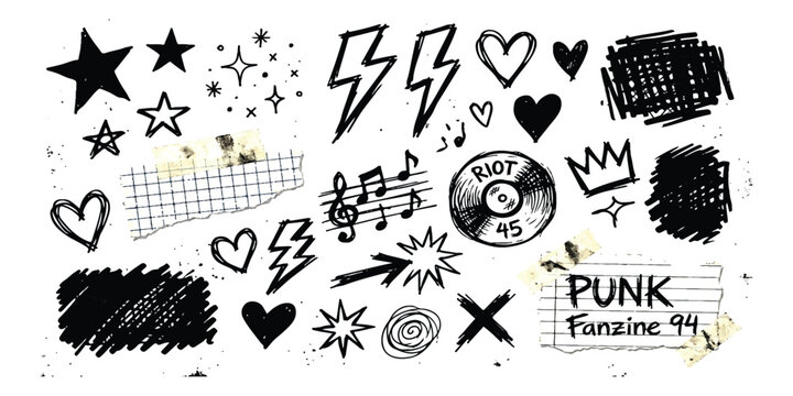 Set of hand drawn punk rock doodle symbols and music icons in black ink sketch style