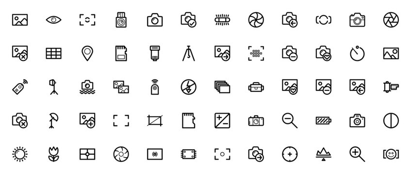 Photography icon set. Minimal thin line vector icons. Featuring camera, aperture, focus, flash, exposure, image, tripod, SD card, white balance, zoom, macro, battery, red eye, and more.