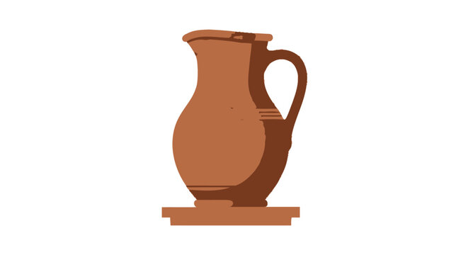 Illustrated terracotta pitcher with rustic wooden base.