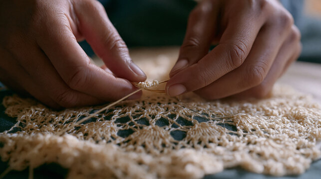 tatting lace shuttle work detail extreme close up of fingers forming a double stitch around a ring, thread tension visible as loops transfer from shuttle to core, partially