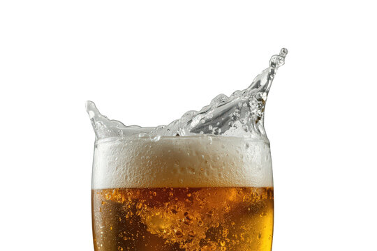 Golden beer splashing into a cold glass, refreshing alcoholic drink with foam and bubbles, transparent background
