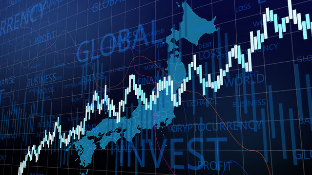 Japan stock market financial chart displaying candlestick graph and economic risk analysis for Japanese corporate investment and global currency exchange crisis