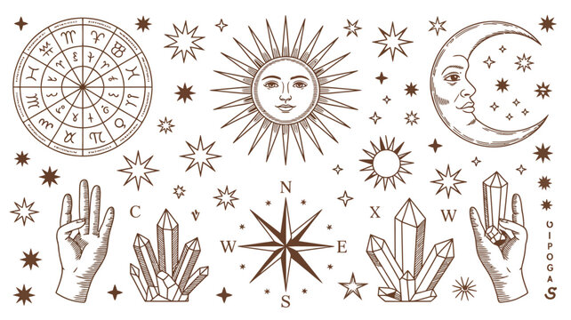 Boho mystical celestial symbols with sun moon crystals and hands collection