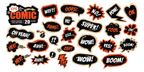 Set of hand drawn comic speech bubbles with expressive words and sound effects ©  creative  marlia
