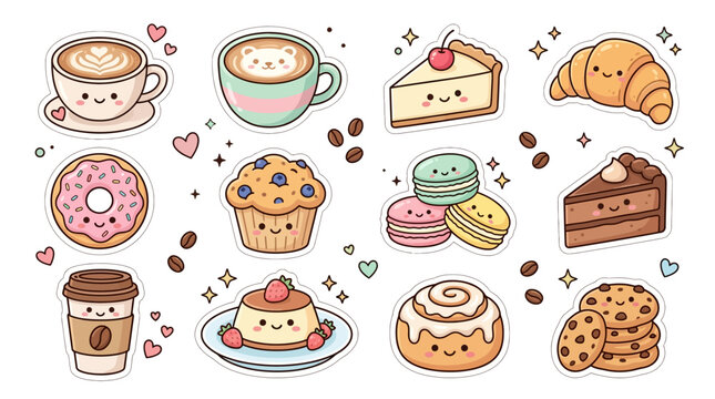 Colorful cartoon baked goods and coffee.