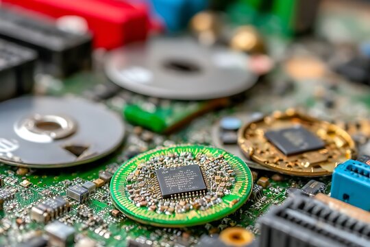 Close-up of disassembled electronic circuit boards with microchips and components for technology repair and innovation