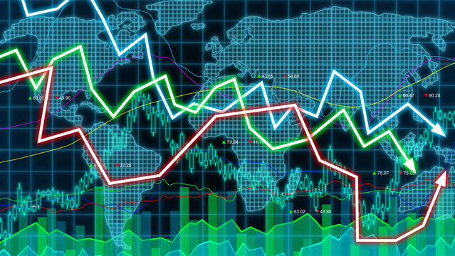 Business chart with glowing arrows trending downwards over world map showing global financial decline, economic recession, market crisis, and international investment loss