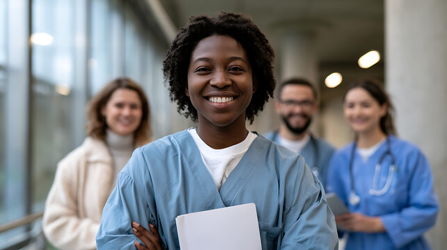 smiling female doctor standing confidently with medical team behind, people photography representing healthcare professionals and hospital teamwork