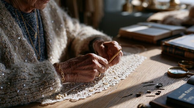 tatting shuttle gliding through fine thread loops as an elderly woman's weathered hands craft intricate bobbin lace at a sunlit oak table scattered with antique pattern books,