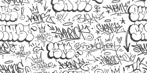 Black and white street art graffiti pattern with tags and bubble letters ©  creative  marlia