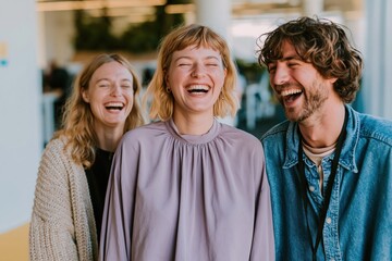 Naklejka premium Three diverse office colleagues laughing during a candid conversation in a modern workspace for corporate culture and workplace wellness content