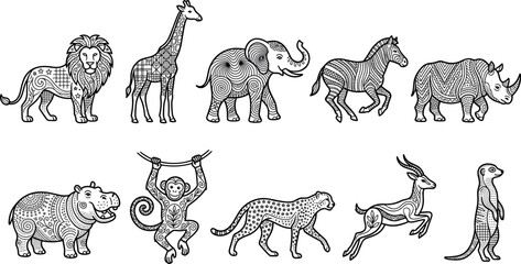 African safari wild animals set with intricate geometric mandala patterns outline vector design © Afroja