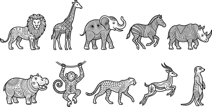 African safari wild animals set with intricate geometric mandala patterns outline vector design