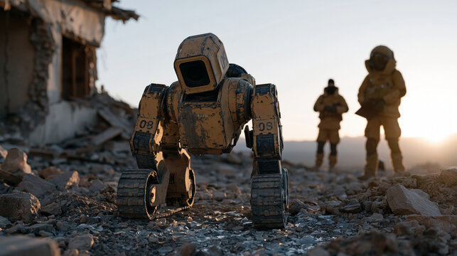 Bomb disposal robot navigates rubble and broken glass inside a partially collapsed building during emergency response training, twilight blue hour casting long shadows across the