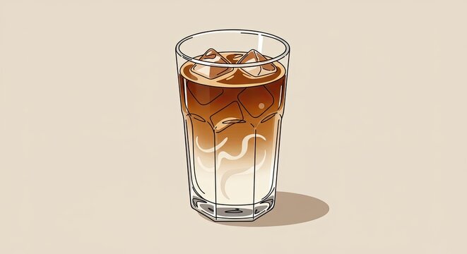 A glass of cold coffee drink with ice cubes on a table