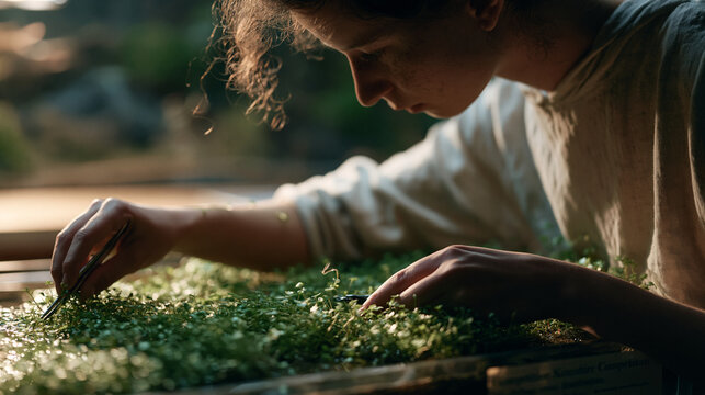 aquascaping enthusiast using aquascaping tweezers to plant individual stems of Hemianthus into a substrate foreground at three in the morning, tank lights dimmed and a competition