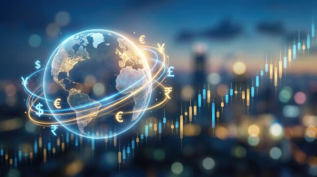 Global Finance and Growth: A stylized globe representing international finance, encircled by glowing currency symbols and a rising stock market graph.