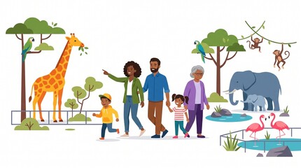 Fototapeta premium Happy multicultural family visiting the city zoo to see wild animals like giraffes elephants and monkeys in a colorful flat vector illustration for educational design
