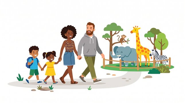 Happy family visiting the zoo together walking on a path while looking at wild animals including a giraffe elephant zebra and monkey in flat style