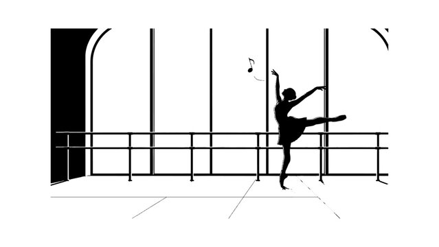 Black silhouette of a graceful ballerina dancing in a ballet studio with music notes in the air isolated on transparent background, Vector