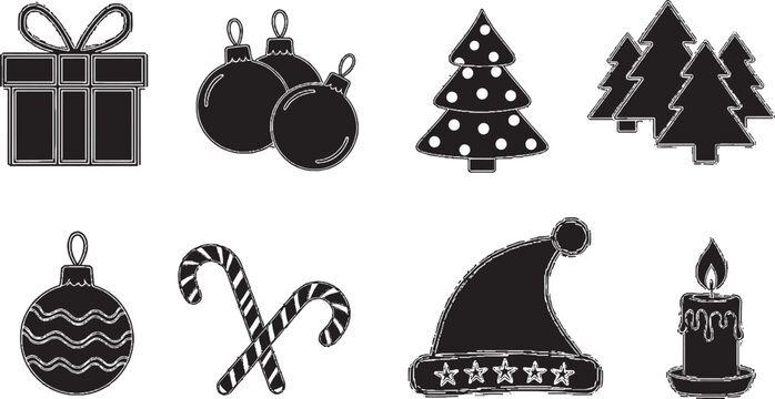 Set of black christmas holiday icons including gift box, tree, ornament balls, candy canes, santa hat and burning candle for winter season design isolated on transparent background, Vector
