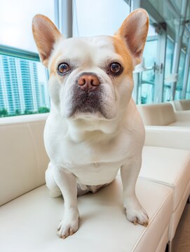 White French bulldog sitting on modern sofa