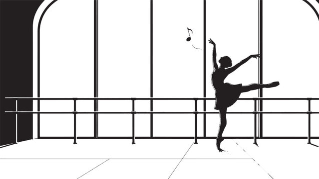 Black silhouette of a graceful ballerina dancing in a ballet studio with music notes in the air isolated on transparent background, Vector