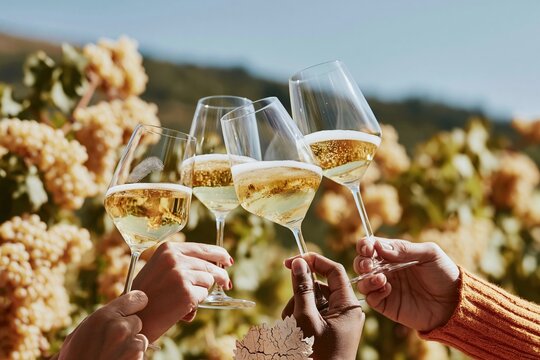 People raising white wine glasses for a toast in a sunlit Sicilian vineyard, celebrating a rustic grape harvest with festive joy
