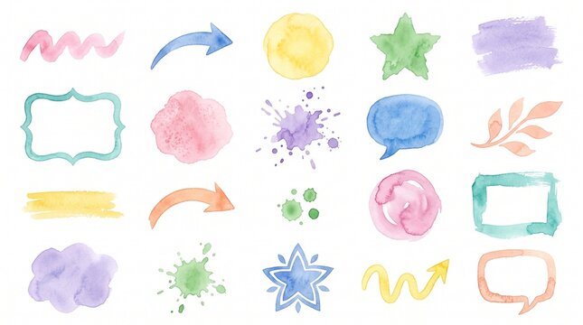 Collection of colorful watercolor hand painted design elements including various frames arrows splashes and speech bubbles on white background