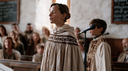 Obraz premium Children's choir in a rural village church performing call-and-response with a lead vocalist in embroidered vestments, parents watching from unpadded wooden pews, the sacred music
