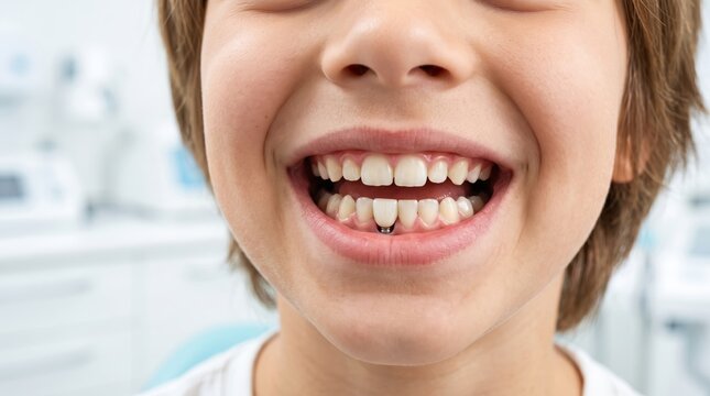 Boy smiling showing dental implant in lower jaw at clinic