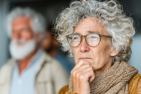 Thoughtful senior woman with glasses deep in thought during indoor gathering, aged gray hair, caring expression, warm clothing, social event