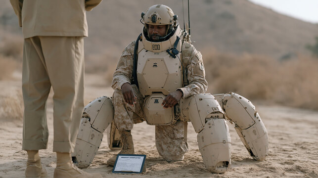 Robotic EOD unit successfully isolates and contains a simulated device during a military base training drill, the operator removing their control headset and exhaling with relief