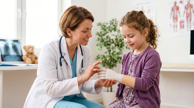 Female doctor checking bionic hand prosthesis on young girl