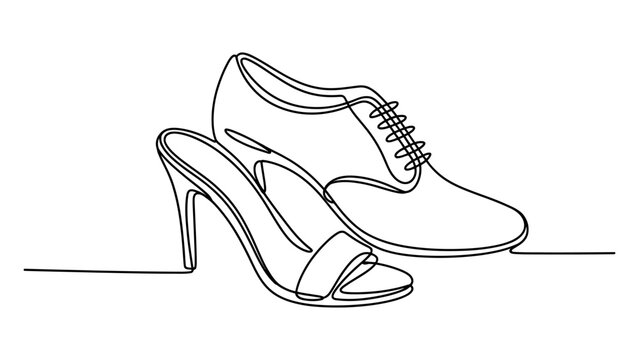 Continuous single line drawing of a woman high heel sandal and a man dress shoe