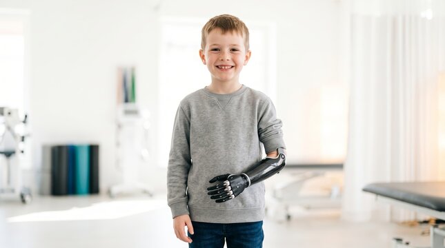 Smiling young boy with prosthetic arm standing in rehabilitation clinic