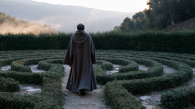 Franciscan friar walking a labyrinth path in a monastery garden at early morning, fog settling over the trimmed hedges, contemplative prayer practice documented as a wide