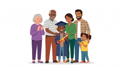 Fototapeta premium Graduation celebration featuring a happy young boy in a cap and gown surrounded by his proud multi-generational family on a clean white background flat illustration