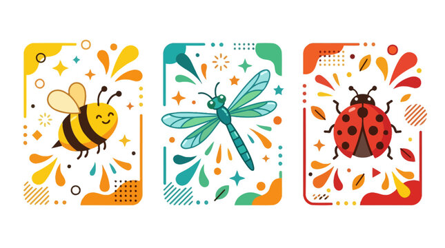 Set of hand drawn insect illustrations featuring a cute bee a dragonfly and a ladybug.