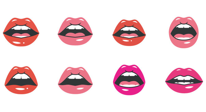 Eight variations of stylized lips a vector illustration on a white background