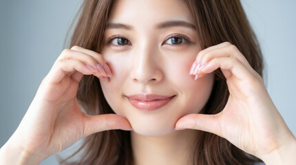 Fototapeta premium ほっぺハートを作って笑顔を見せる若い女性