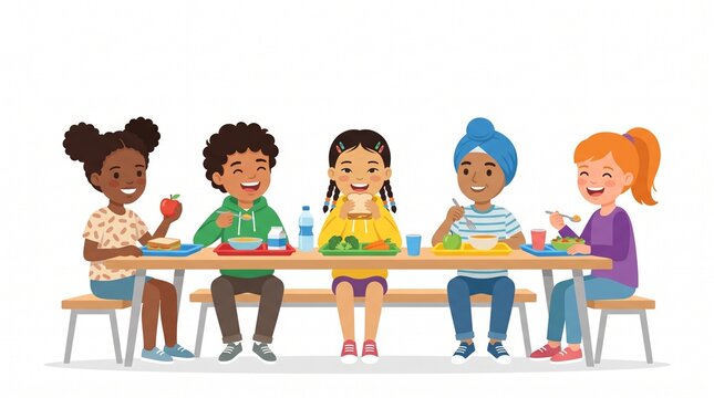 Diverse group of happy elementary school children sitting at a long wooden table eating healthy lunches together in a bright modern cafeteria classroom setting illustration