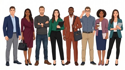 Obraz premium Diverse business people standing together in a row wearing professional office attire isolated on a white background as a modern corporate team illustration concept art